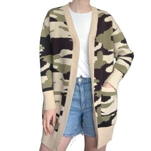 Papillon Oversized Camo Open Front Cardigan XS Longline Pocket Sweater Jacket